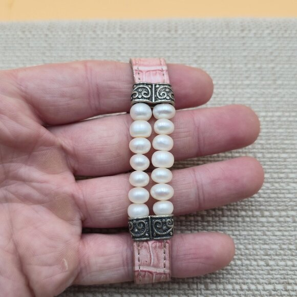8 Inch Sterling Silver And Leather Genuine Pearls Bracelet B608 - Picture 1 of 6